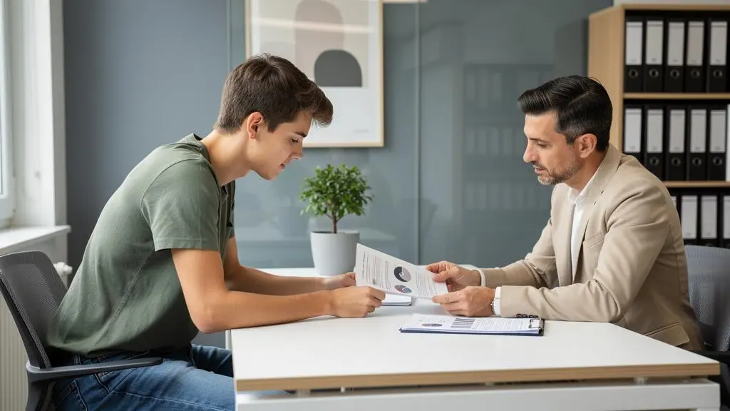 Étudiante en rendez-vous avec une conseillère bancaire dans un bureau d'agence, échangeant sur des documents bancaires