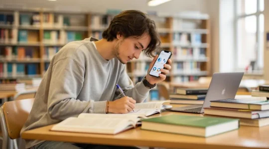 Étudiant français consultant son smartphone et prenant des notes dans une bibliothèque universitaire pour comparer des offres bancaires
