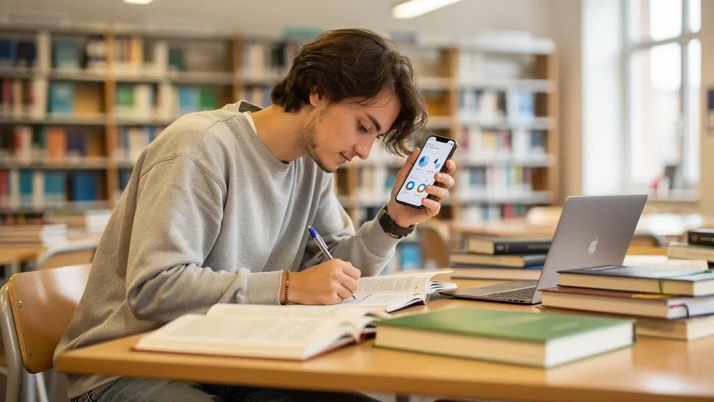Étudiant français consultant son smartphone et prenant des notes dans une bibliothèque universitaire pour comparer des offres bancaires